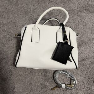 Charming Charlie White Faux Leather Satchel Purse Black Piping NWOT